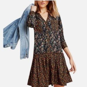 Anthropologie Maeve Marlie Button Up Tunic Dress Black Mixed Floral Print